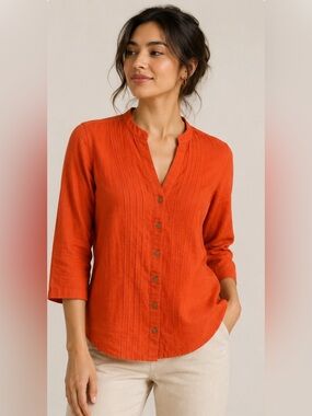 The Diva Collection Orange Pintuck Button Front Blouse XS Linen Look 3/4 Sleeve